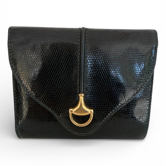 Gucci Handbags - Gucci Vintage GG Kiss Lock Coin Purse Wallet Black Embossed Leather Crest Italy